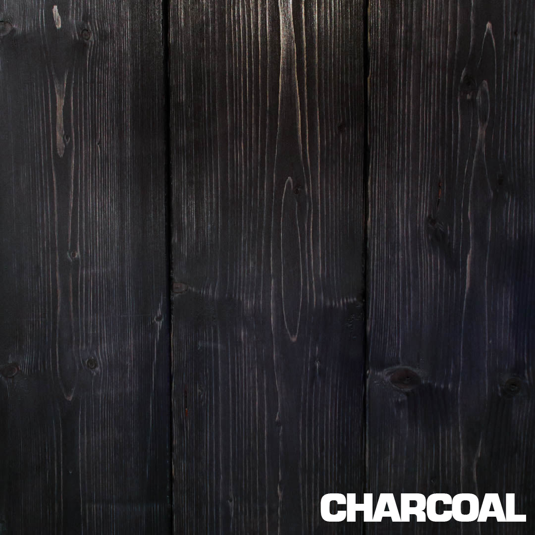 Example of charcoal stain by Fiddes Wax on chunky, durable timber in rustic industrial style with overlayed text of stain name