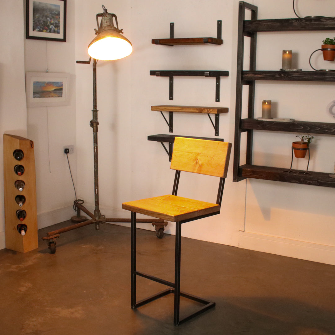 Rustic Industrial Extra Chunky Cantilever High Stool With Back