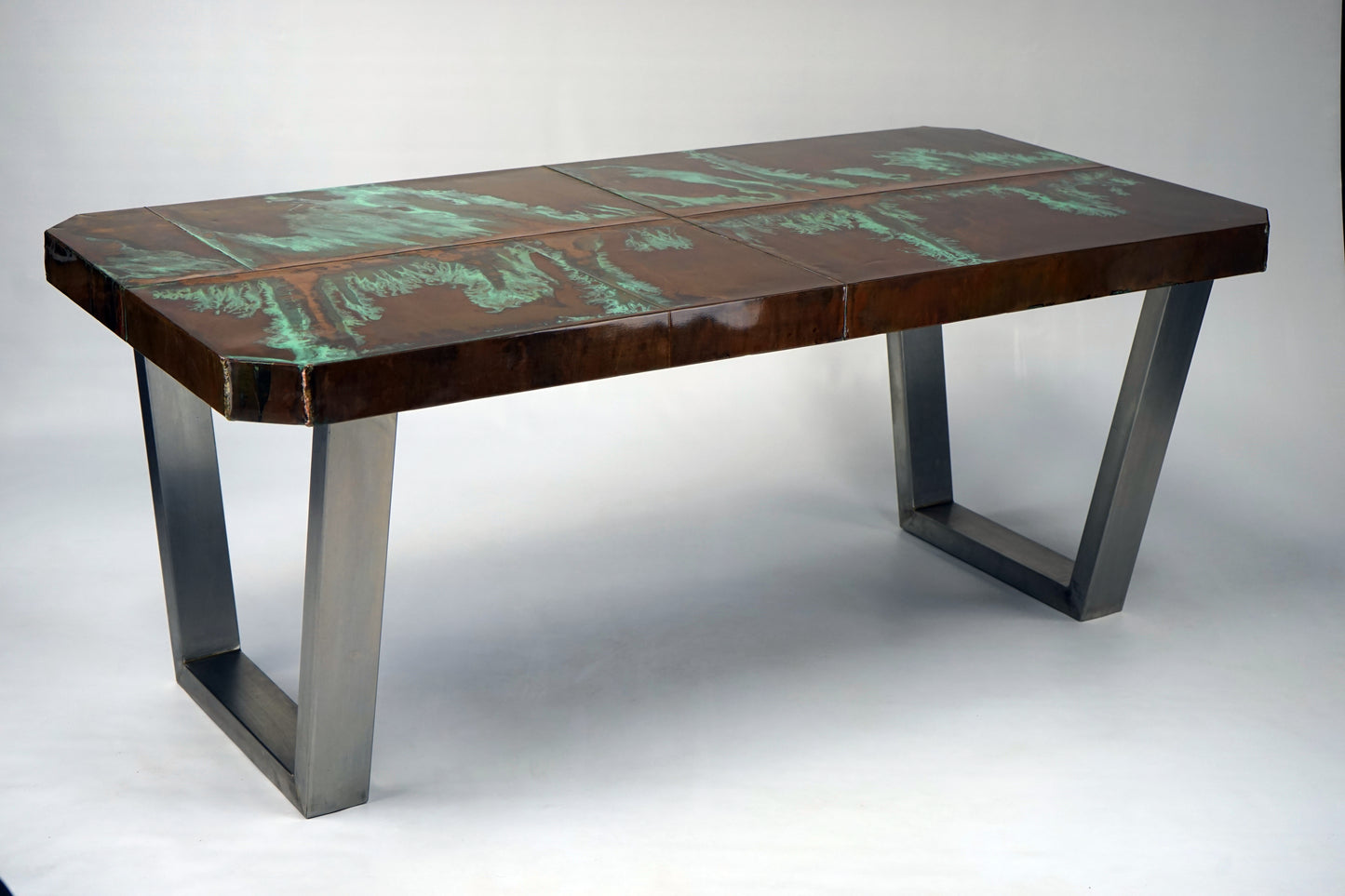 Reclaimed Copper Dining Table with Stainless Steel Legs