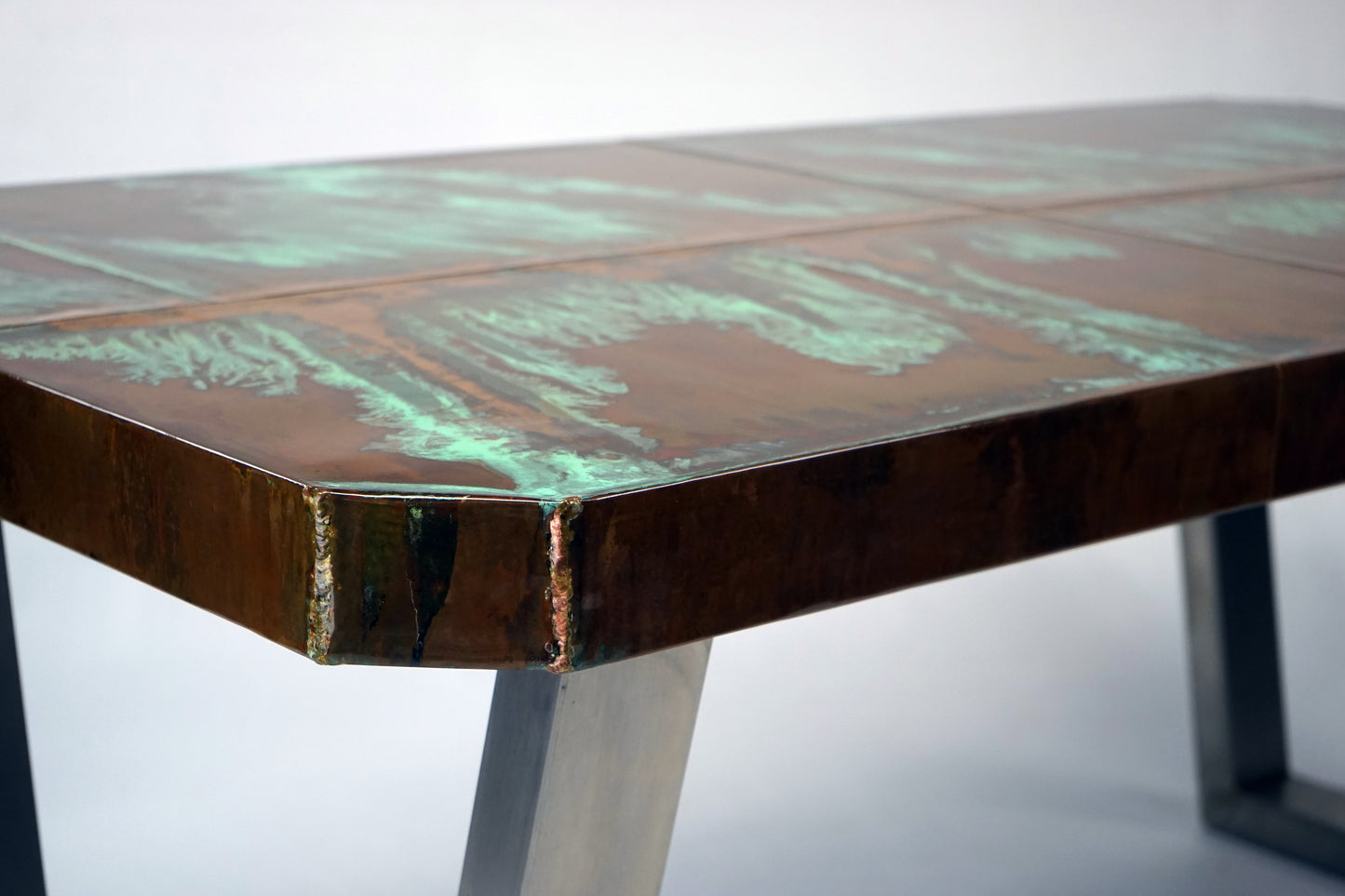 Reclaimed Copper Dining Table with Stainless Steel Legs
