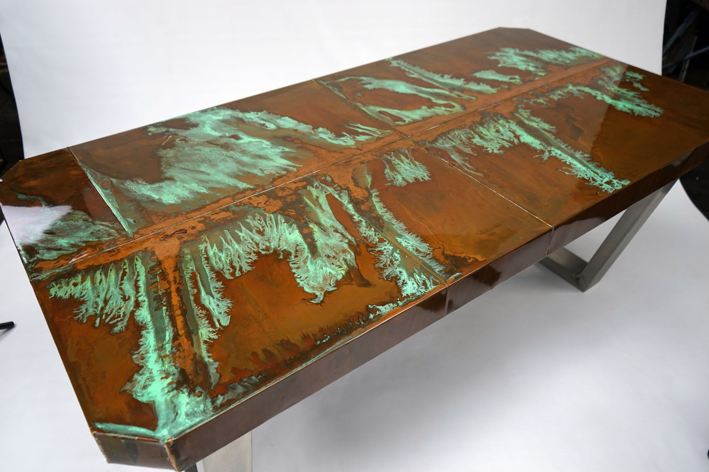 Reclaimed Copper Dining Table with Stainless Steel Legs