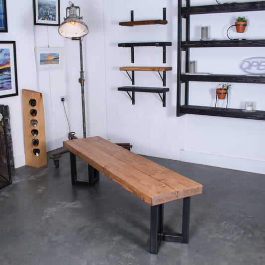 Extremely Chunky solid wood bench, farmhouse stain, with thick 'Chunk Three' legs in rustic industrial room