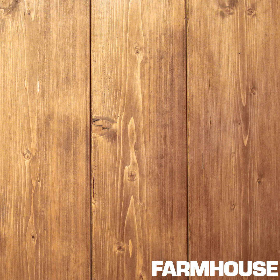 Example of farmhouse stain by Fiddes Wax on chunky, durable timber in rustic industrial style with overlayed text of stain name