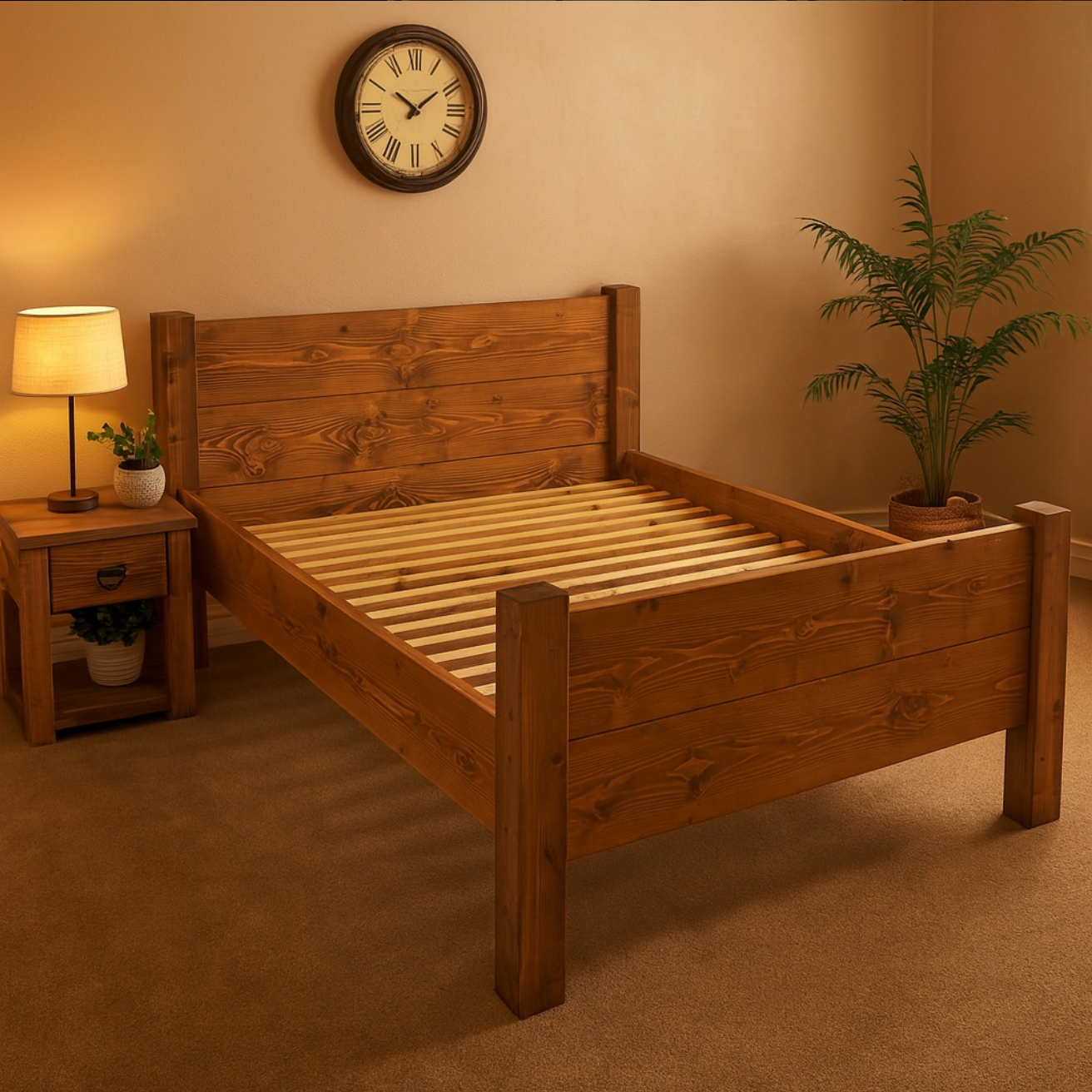 Farmhouse coloured wooden single bed frame in a bedroom with a nightstand, lamp, clock and plants.