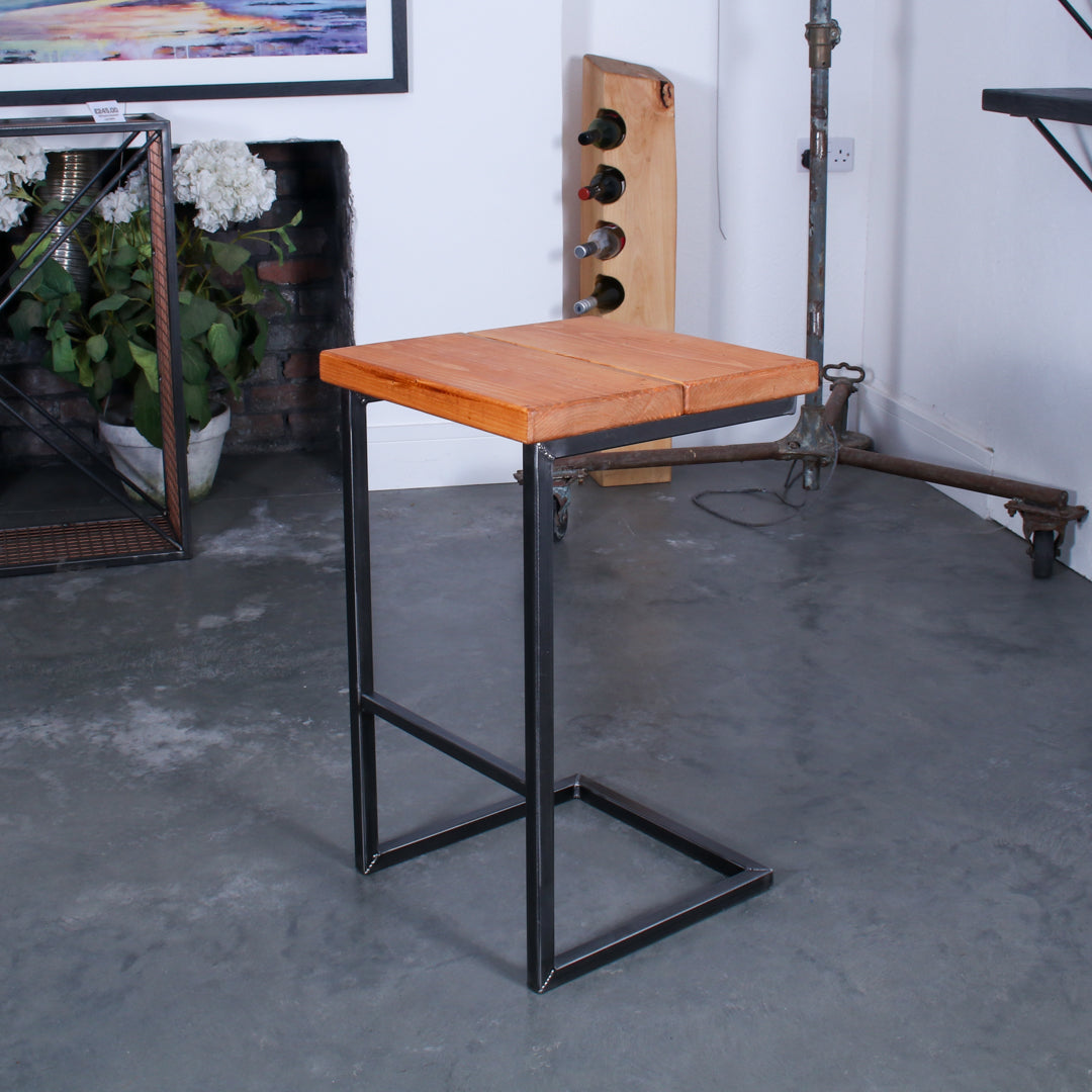 Rustic industrial stool with footrest and Extra Chunky light oak seat on a high cantilever frame