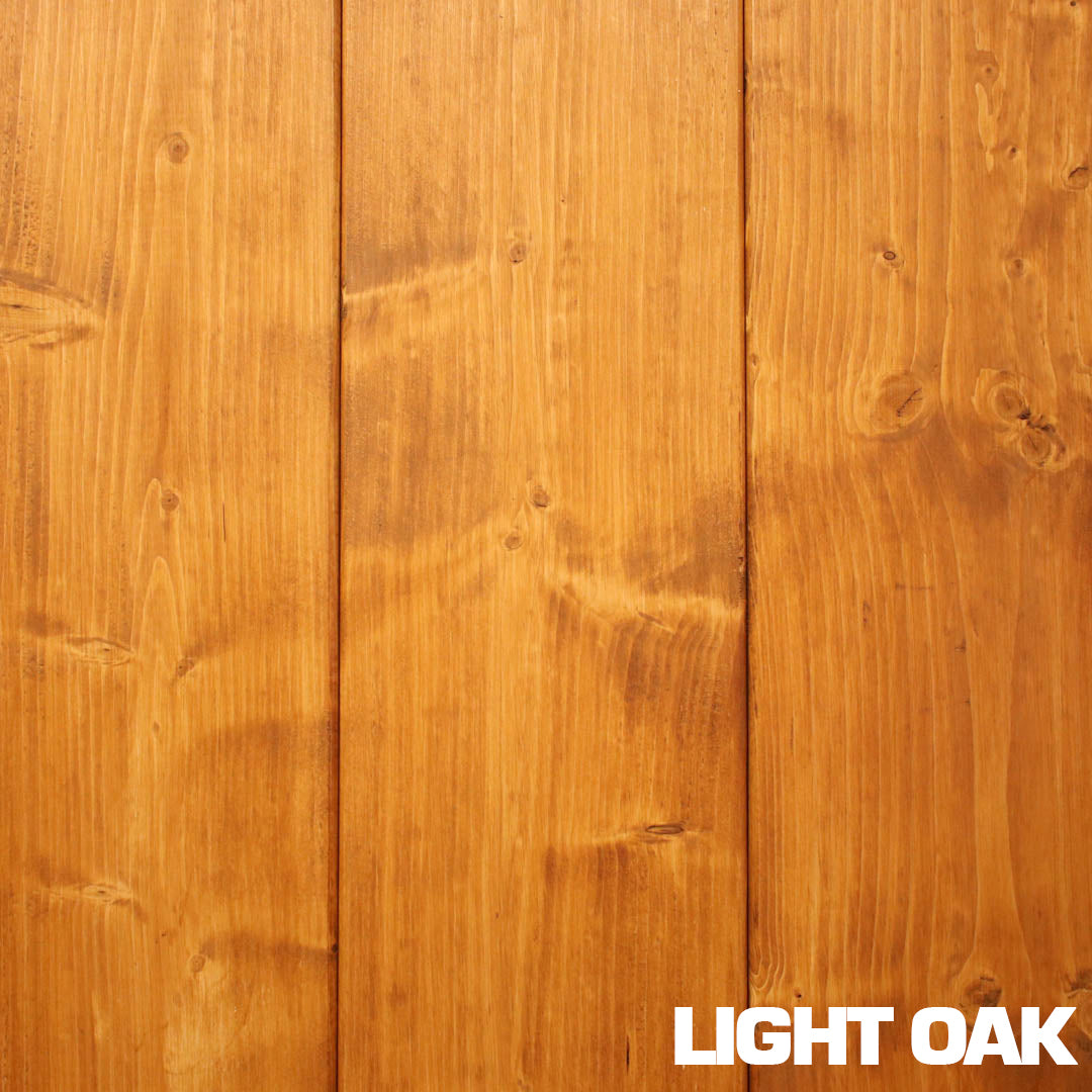 Example of light oak stain by Fiddes Wax on chunky, durable timber in rustic industrial style with overlayed text of stain name