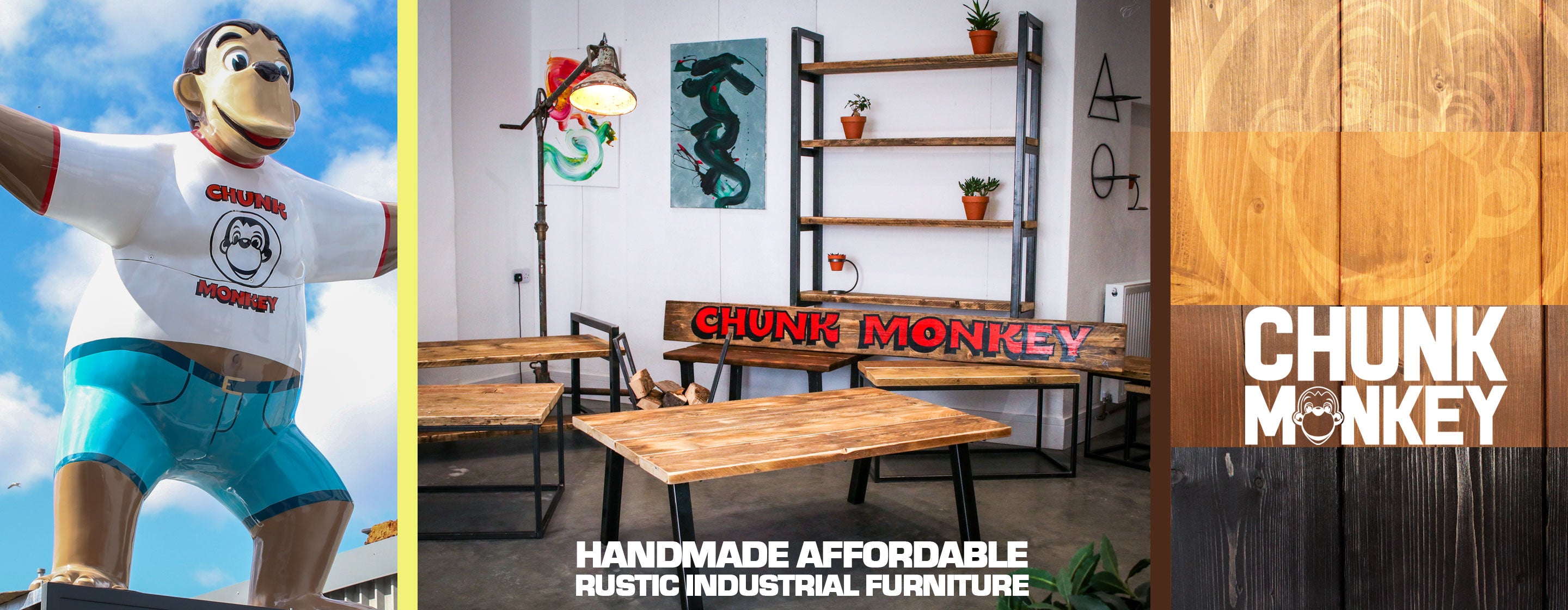 The Chunk Monkey showroom and a range of handmade rustic industrial furniture such as coffee tables, shelving units and entertainment units.