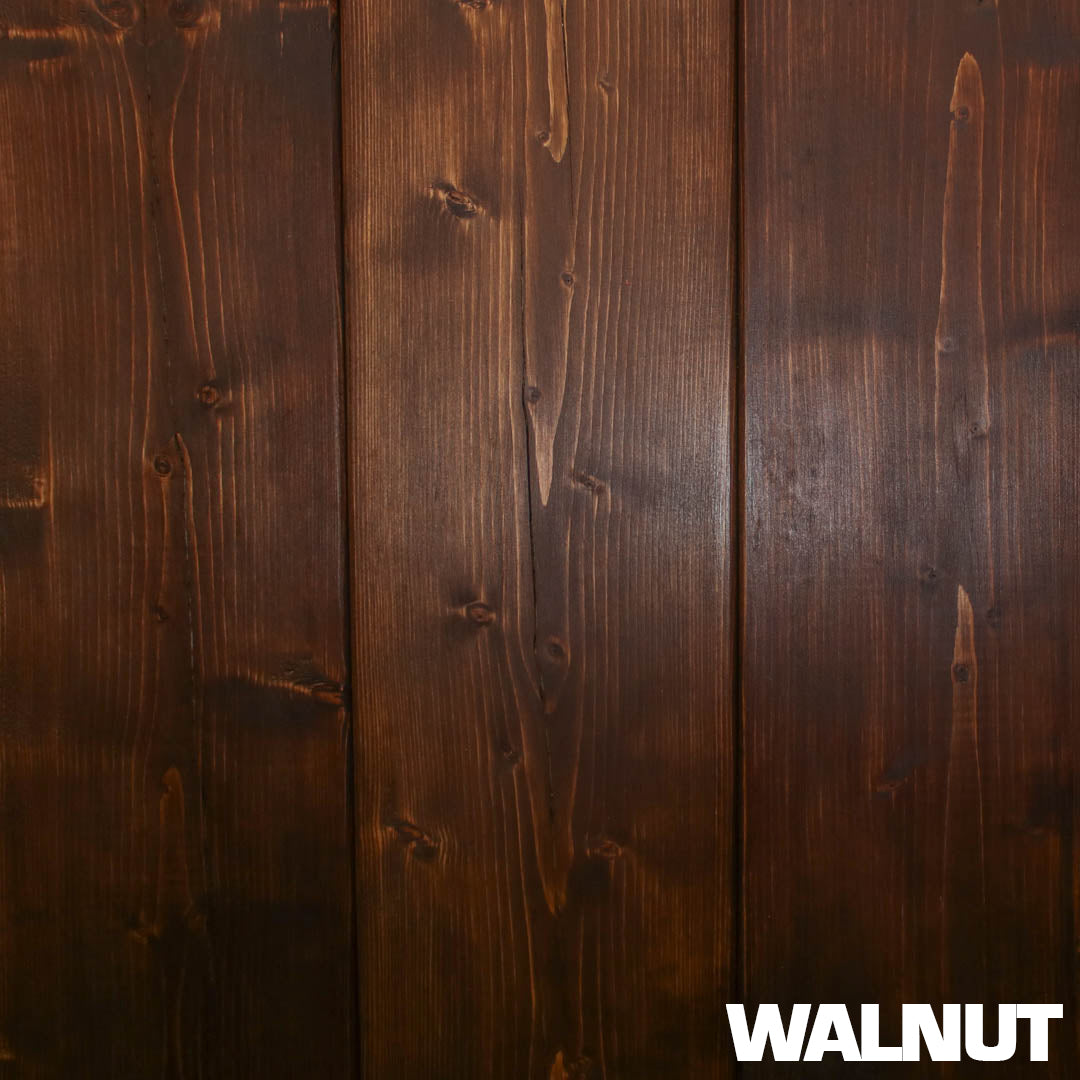 Example of walnut stain by Fiddes Wax on chunky, durable timber in rustic industrial style with overlayed text of stain name