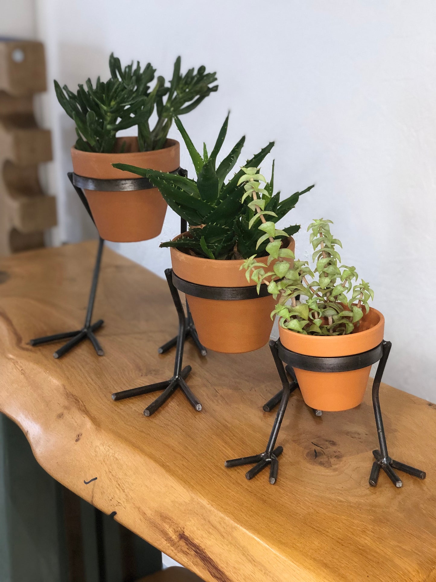 handmade large, medium and small chicken feet plant pot holders front profile