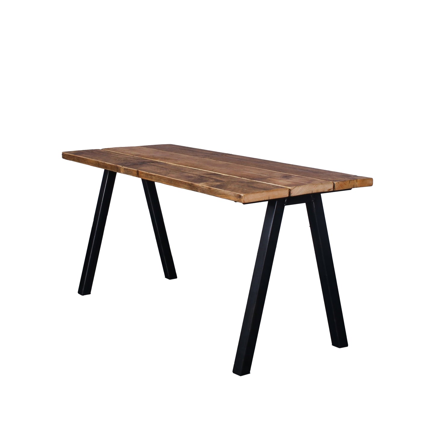 Reclaimed scaffold board table, natural oil stain, three boards wide, with Chunk Two legs, cut out on white backdrop
