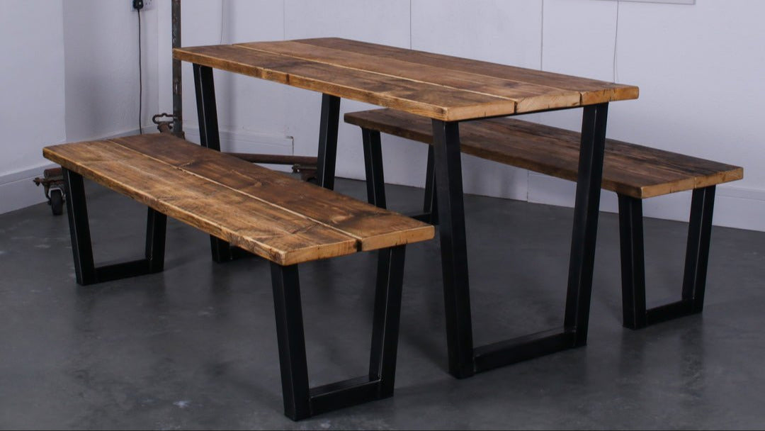 Handmade rustic industrial reclaimed scaffold board dining table and benches with our signature Chunk One steel legs