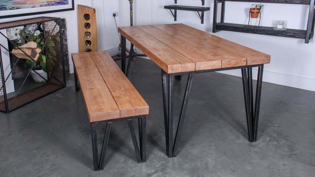 Handmade rustic industrial extremely chunky dining table from the ChunkPin collection, featuring the Chunkiest-Pin 30mm steel legs