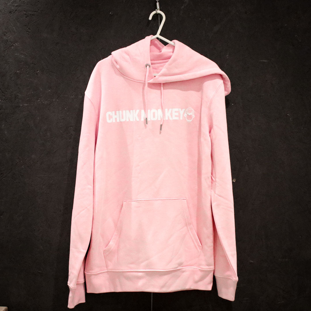 Front of pink adult's hoodie with Chunk Monkey logo, displayed on black background