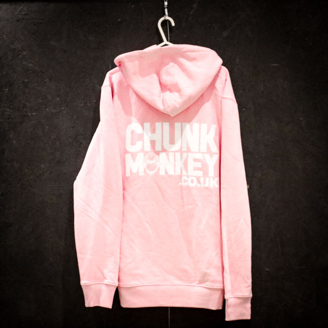Back of pink adult's hoodie with Chunk Monkey dot Co dot UK logo, displayed on black background