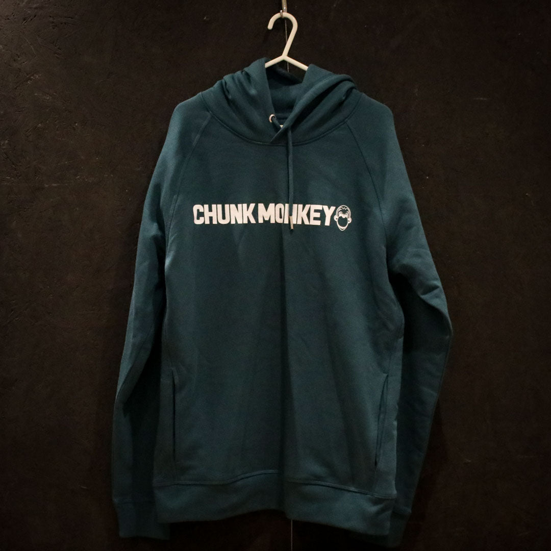 Front of teal adult's hoodie with Chunk Monkey logo, displayed on black background