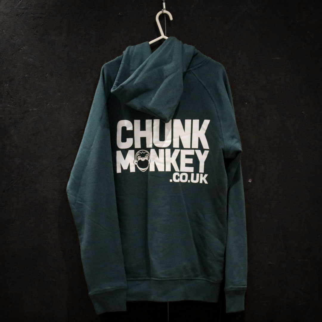 Back of teal adult's hoodie with Chunk Monkey dot Co dot UK logo, displayed on black background