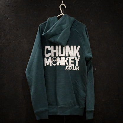 Back of teal adult's hoodie with Chunk Monkey dot Co dot UK logo, displayed on black background