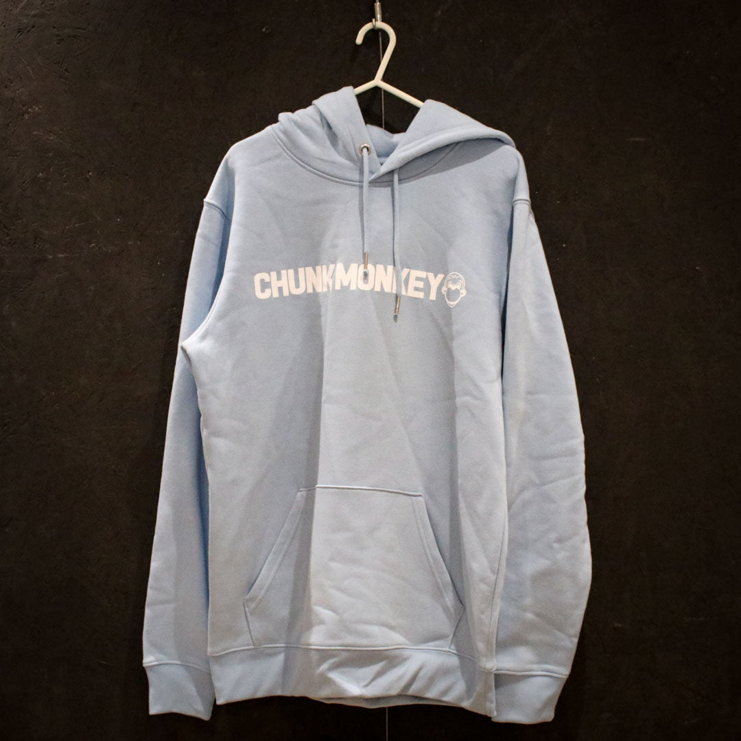 Front of light blue adult's hoodie with Chunk Monkey logo, displayed on black background