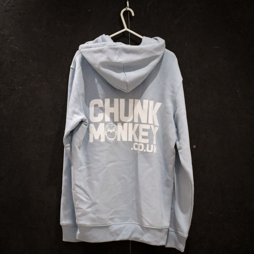 Back of light blue adult's hoodie with Chunk Monkey dot Co dot UK logo, displayed on black background