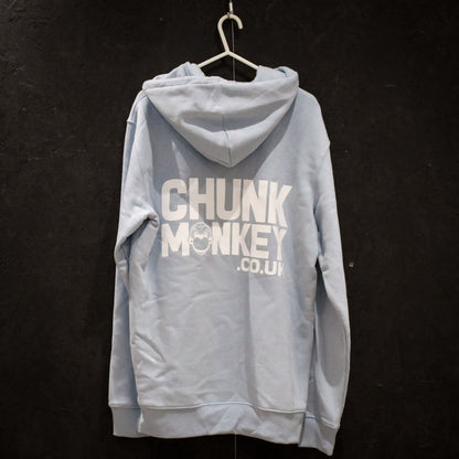 Back of light blue adult's hoodie with Chunk Monkey dot Co dot UK logo, displayed on black background