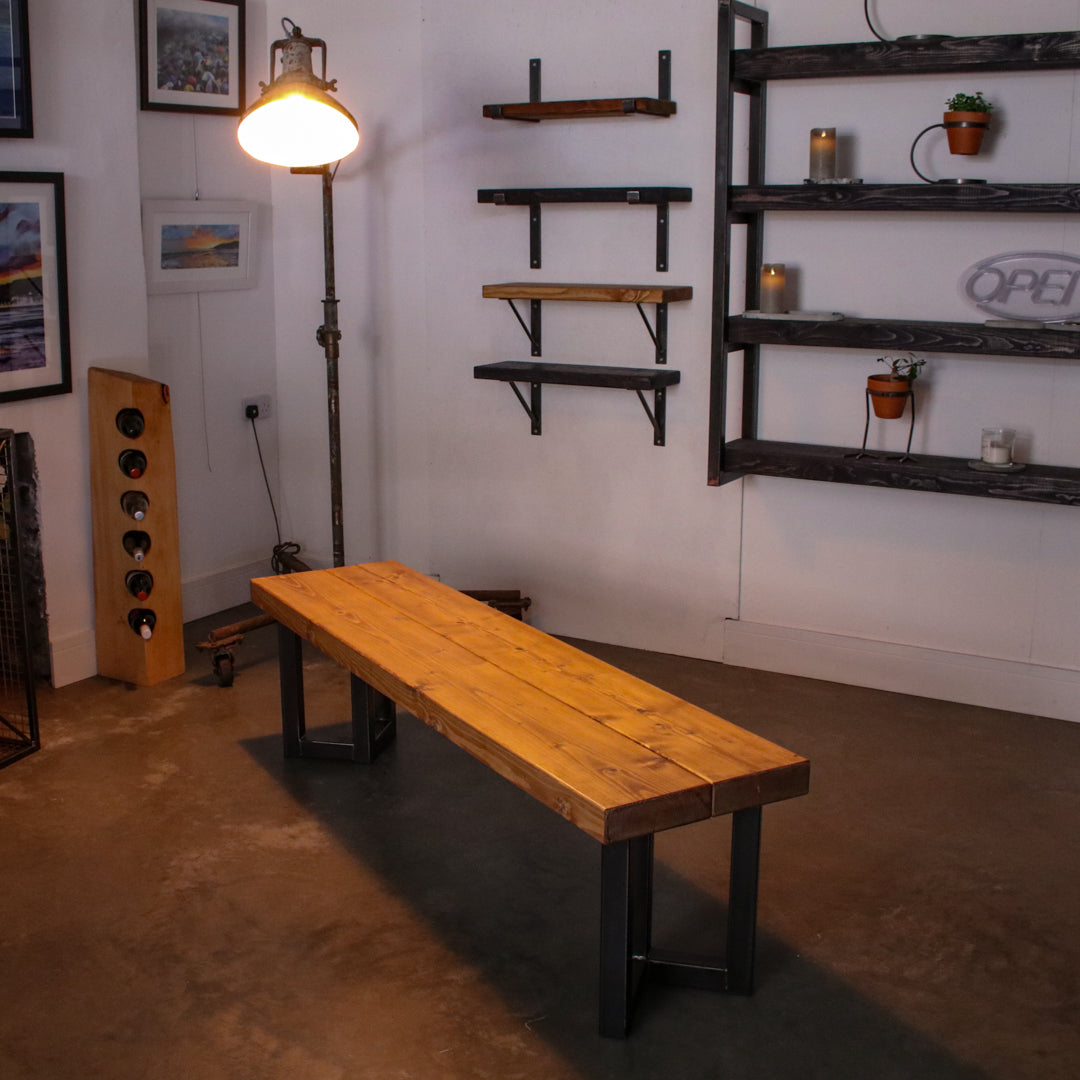 Extremely Chunky solid wood bench with thick 'Chunk Three' legs in rustic industrial room