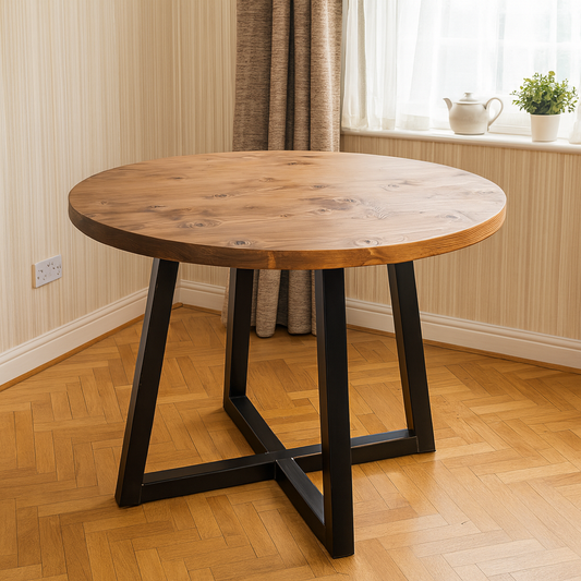 Round rustic industrial table in living room setting