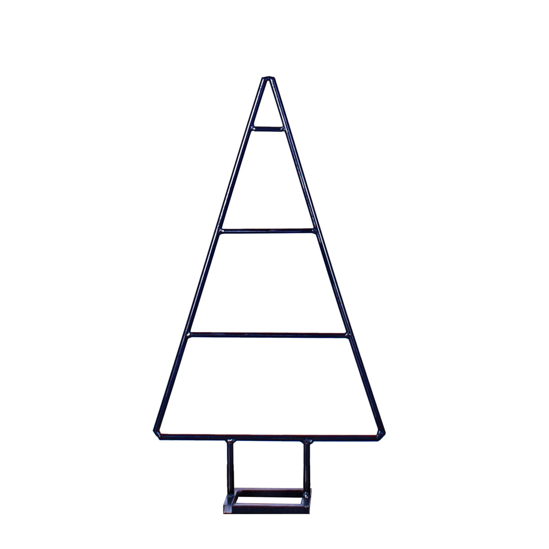 Rustic industrial medium sized steel Christmas tree in a studio setting.