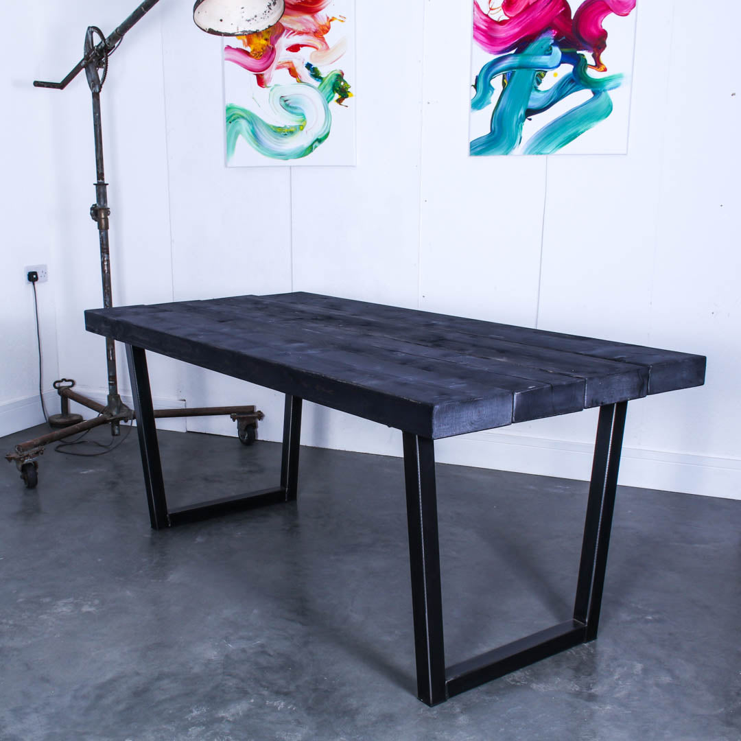 extremely chunky 4 board rustic industrial dining table chunk one 
 charcoal stain