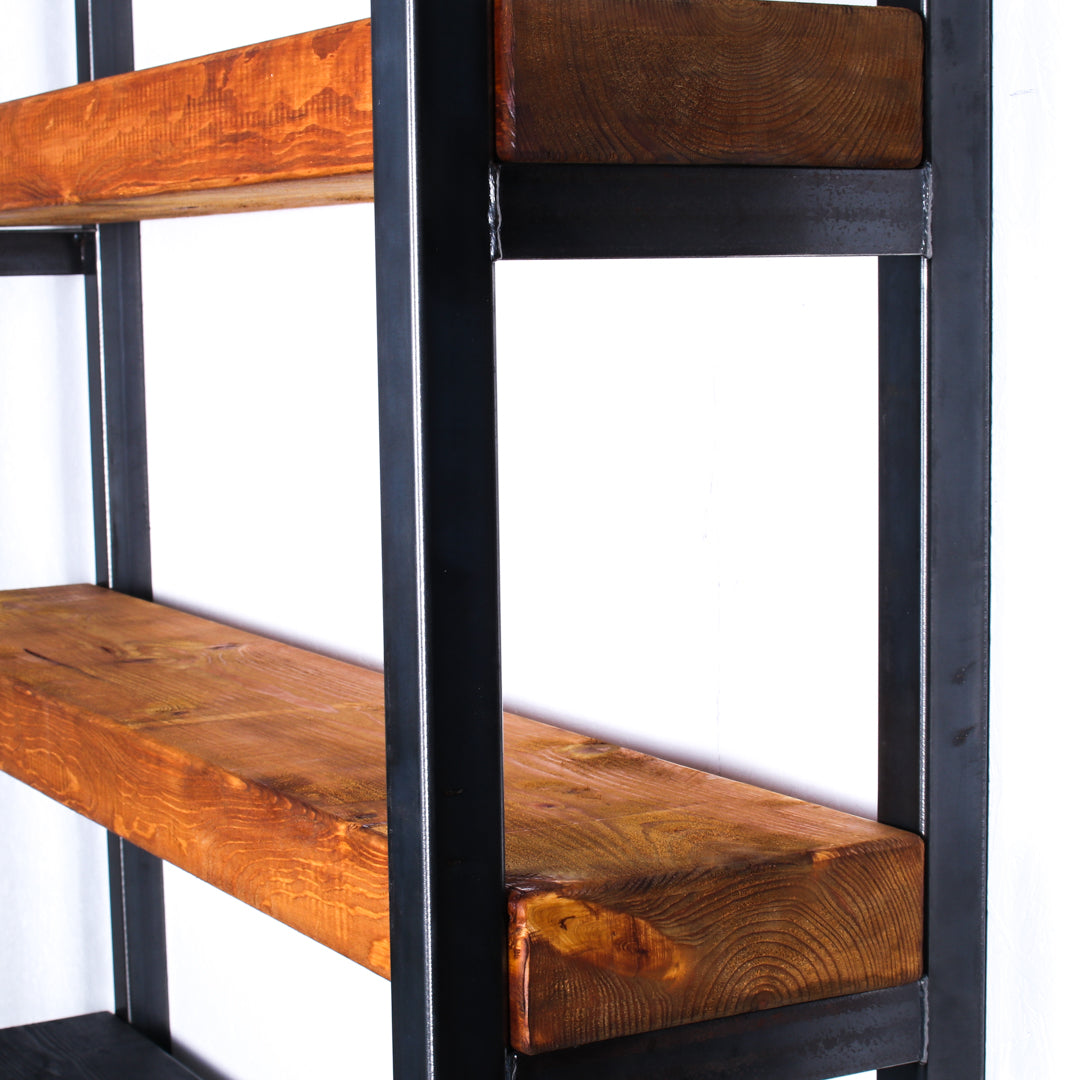 extremely chunky rustic industrial shelving unit side profile oak