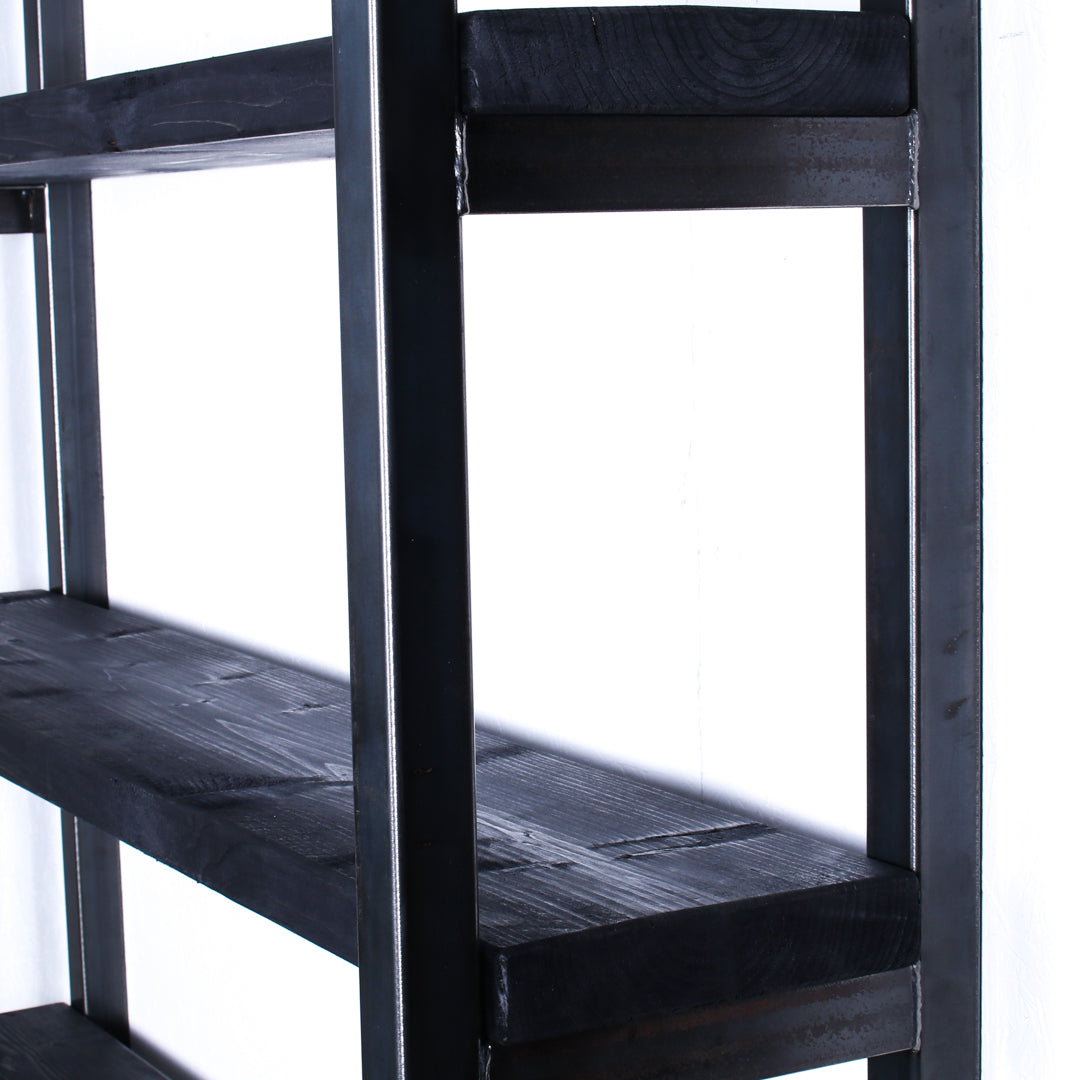 rustic industrial handmade shelving unit charcoal closeup