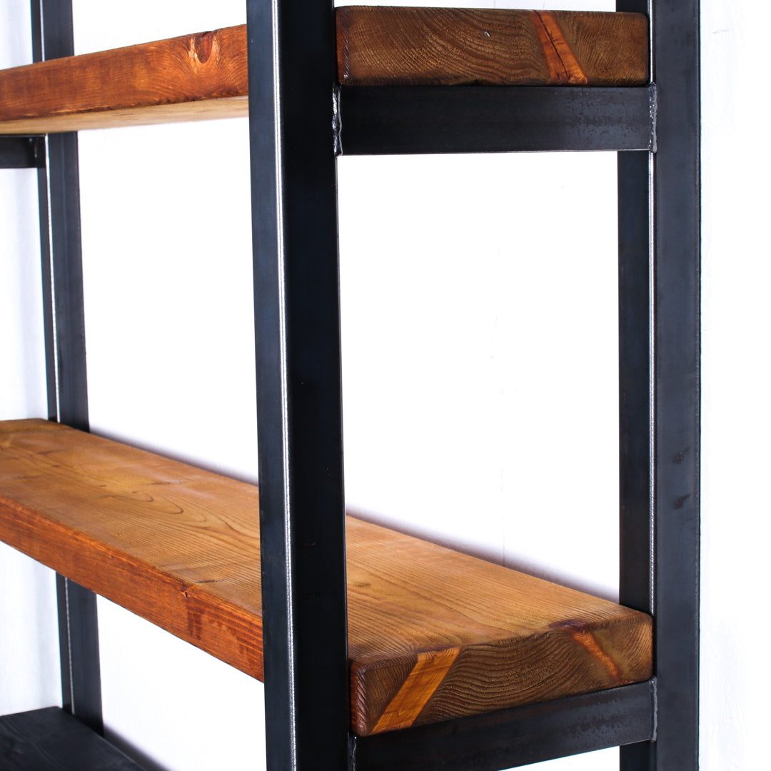 rustic industrial handmade shelving unit oak closeup