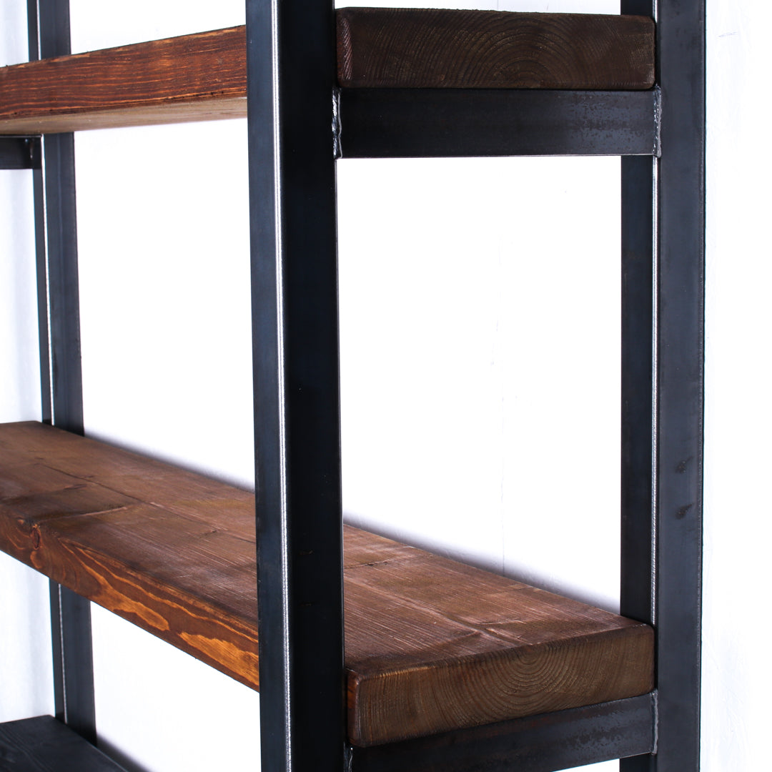 rustic industrial handmade shelving unit walnut closeup