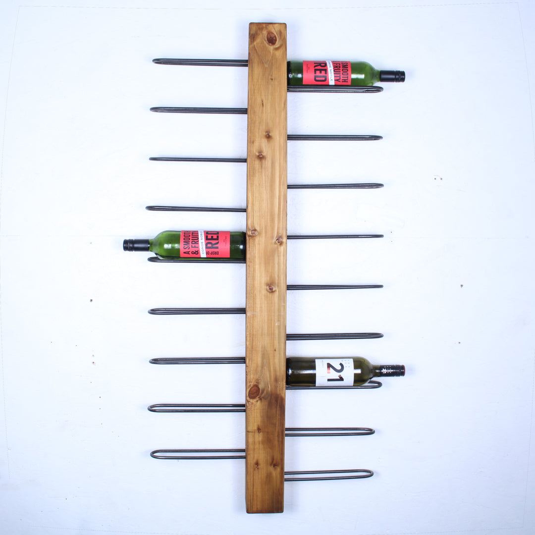 rustic industrial handmade vertical wine rack double sided 18 bottle oak  front profile