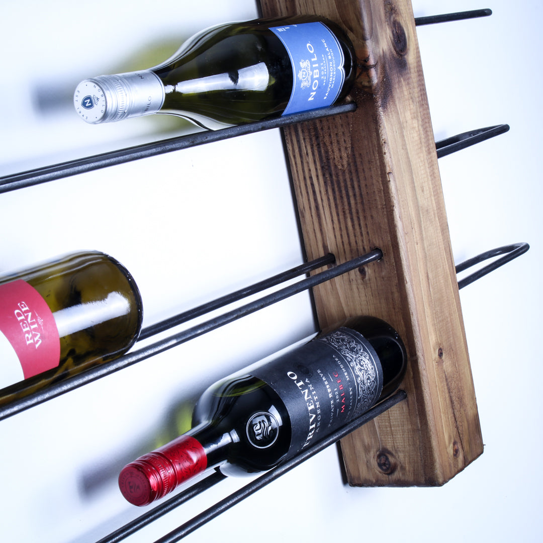 rustic industrial handmade wine rack unit walnut 7 bottle side profile close up