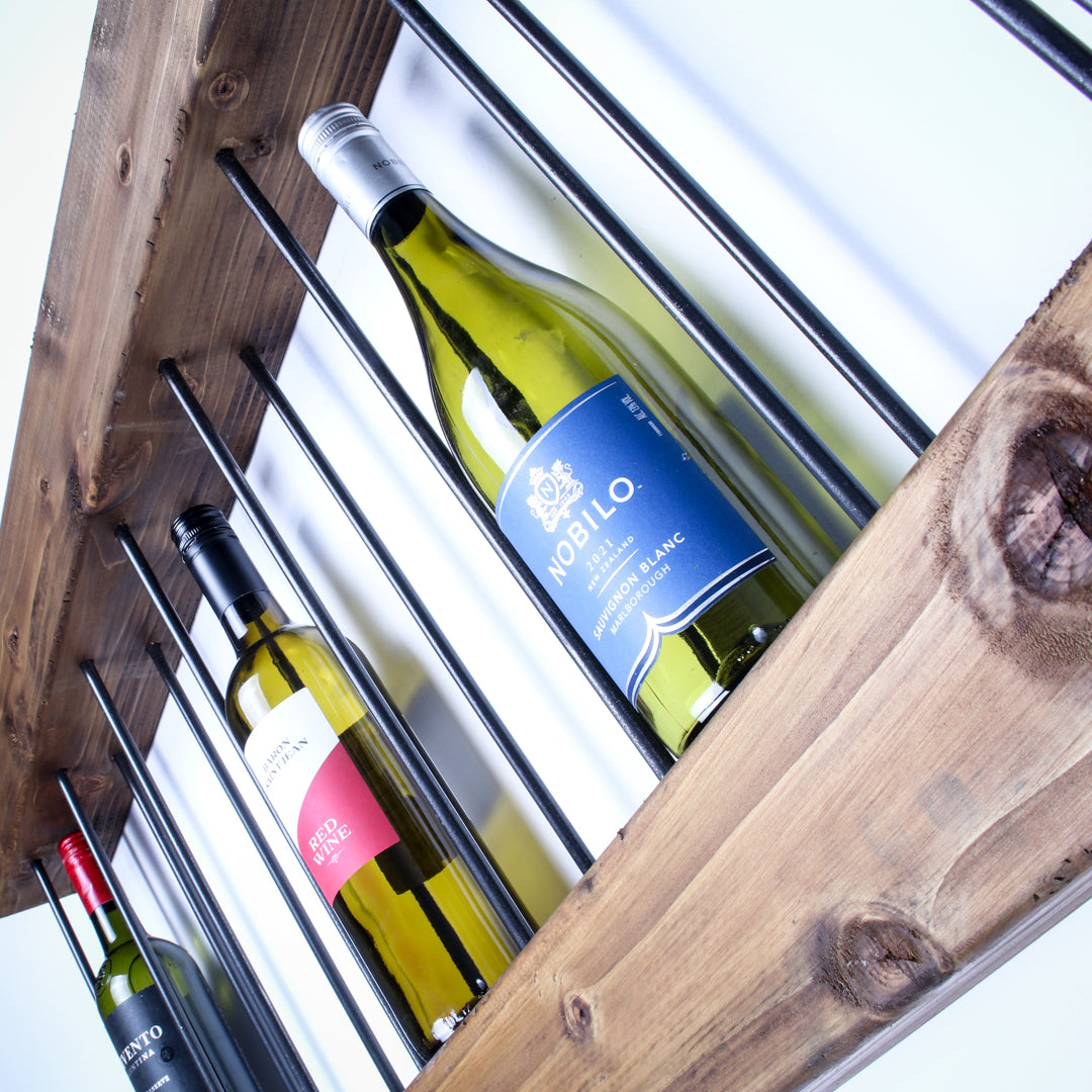 rustic industrial handmade wine rack walnut closeup with bottles